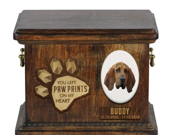 Urn for dog ashes with ceramic plate and sentence - Geometric Bloodhound, ART-DOG. Cremation box, Custom urn.