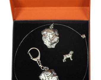 NEW, Rottweiler, dog keyring, necklace and pin in casket, PRESTIGE set, limited edition, ArtDog . Dog keyring for dog lovers