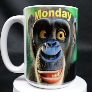 Monday Friday Monkey Coffee Mug Coffee Cup 15oz with Beautiful Vibrant Colors | Mugs Dishwasher & Microwave Safe
