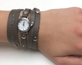 Leather Wrap Watch | Brown Strap, Chain Detail