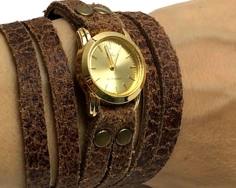 Small Watch-Small Leather Wrap Watch In A Thick Brown Natural Leather Strap-Women Watches-Unique Women Watches