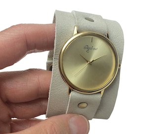 Breite Beige Lederarmband Uhr - Handgelenk Tattoo Cover, Damenuhr