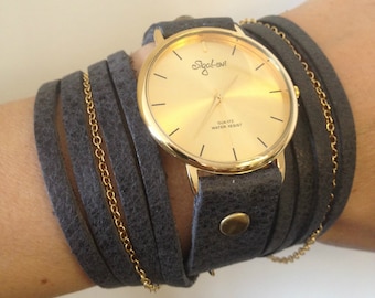 Black Leather Wrap Watch: Women's Watch with Gold Chain