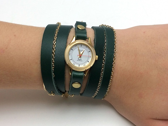 Women's Wrap Watch in Deep Pine Green Leather Strap-Women Watches-Women's Watches-Wrap Watch-Watch-Wrist Watches-Small Watch-Woman Watch