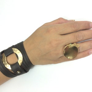 Wrap Bracelet With Prominent Golden Ring And Genuine Leather Strap-Womens Bracelet-Genuine Leather Bracelet-Unique Womens Bracelet