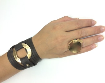Wrap Bracelet: Genuine Leather Strap with 24K Gold Plated Ring