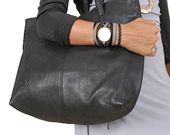 Czarna skórzana torba typu tote, włoska skóra Nappa, duża torba na ramię