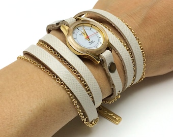 Beige Leather Wrap Watch, Women's Jewelry Watch, Handmade