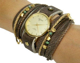 Brown Leather Wrap Watch: Braided Beaded Bracelet Watch