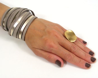 Wrapped Bracelet In Golden and Gray Leather-Women Bracelets-Leather Bracelet-Wrap Bracelet-Leather Wrap Bracelet-Tattoo Cover-Wrap Bracelets