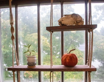 3 Tier Hanging Window or Wall Shelf. Rustic Plant Shelf with Macrame Spirals. Customizable.