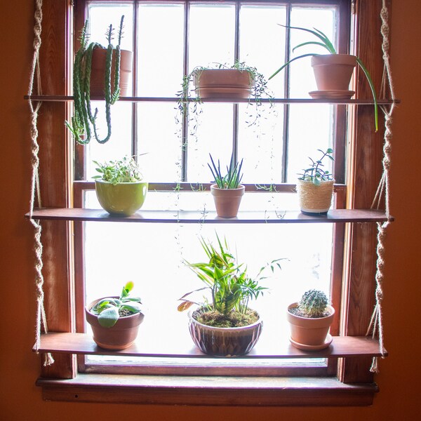 3 Tier Floating Macrame Shelves-Wooden Window Shelves-Multiple Size and Stain Options-Plant Shelves