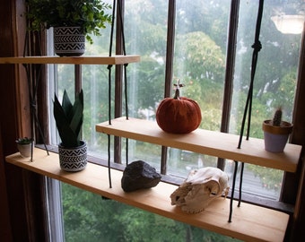 3 Tier Window or Wall Hanging Plant Shelf. Asymmetrical Floating Shelf. Customizable.