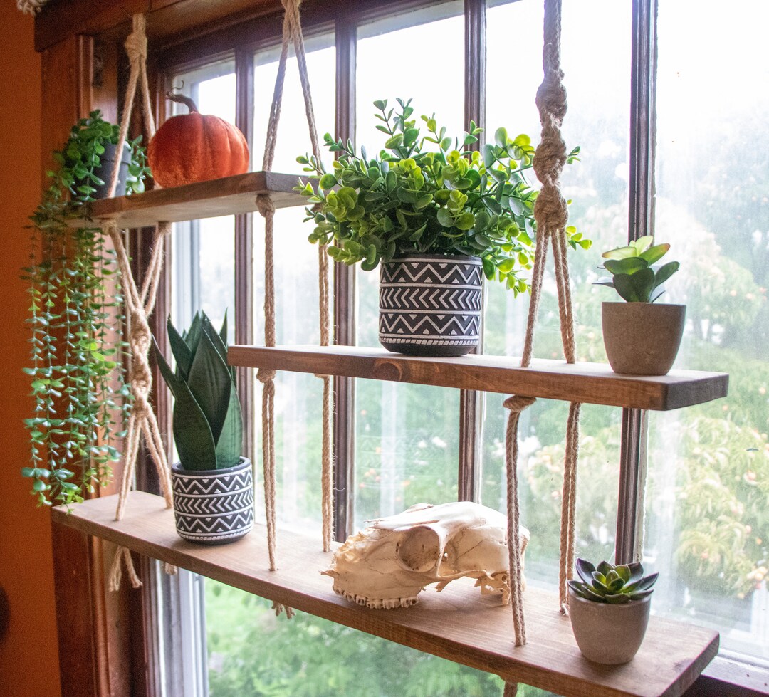 3 Tier Hanging Shelf. Window or Wall Shelf. Asymmetrical Rustic Shelf