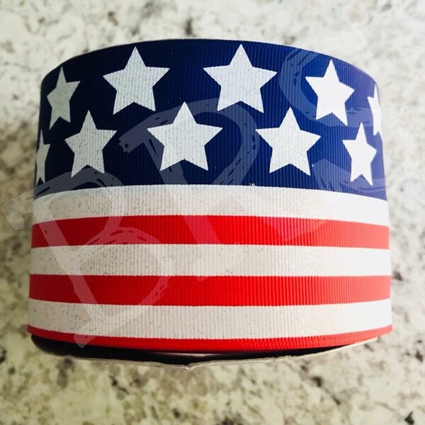 3" American USA flag grosgrain ribbon with glitter cheer