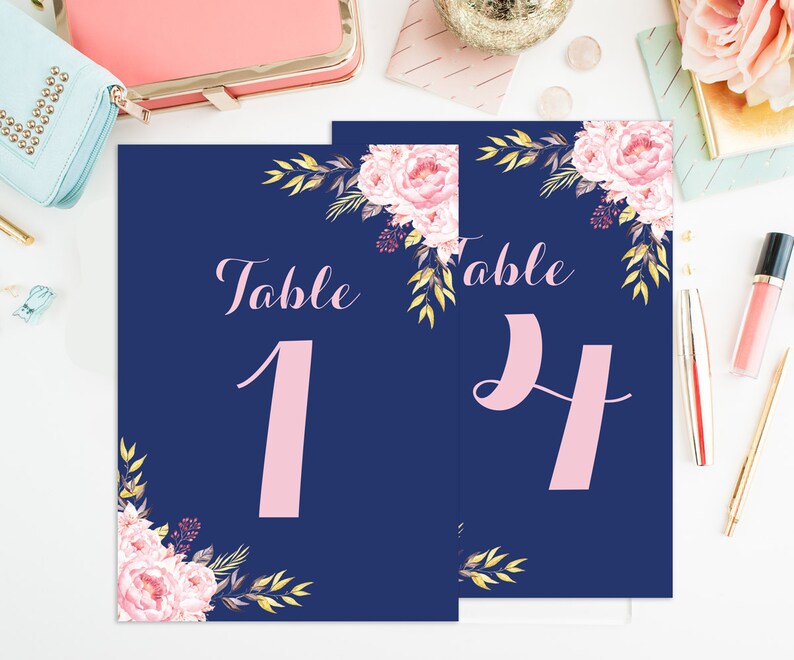 Table Numbers Printable Table Numbers Blush Pink Navy 4x6 & Etsy