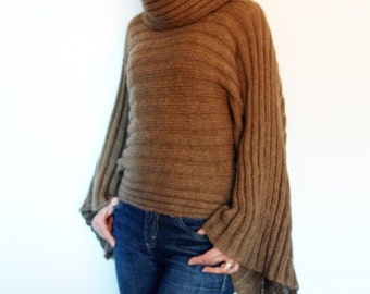 Knitting PATTERN - Large Sleeve Sweater/Rolled Collar Ribbed Poncho/Wrap