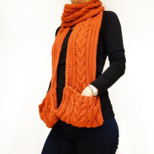 Knitting PATTERN- Chilly Chili Pocket Scarf/Ribbed Winter Scarf, Chunky Cable Neck Hand Warmer