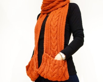 Knitting PATTERN- Chilly Chili Pocket Scarf/Ribbed Winter Scarf, Chunky Cable Neck Hand Warmer