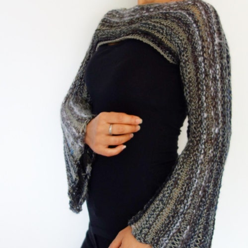 Boho Boat Neck Bell Sleeve Cutout Crochet Knit Super Crop Shrug Sweater