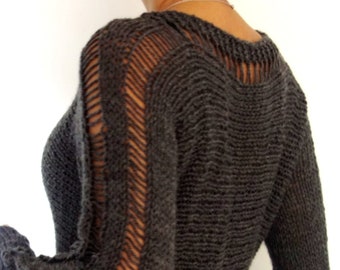 Sweater Knitting PATTERN  - Slim Thumb Hole Sweater/ Long Hand Knit Pullover/Drop Stitch Design Jumper/Laced Shoulder Top