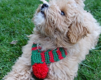 PDF Crochet PATTERN - Elf Dog Scarf /PomPom Neckwarmer/Snood/Santa Claus Pet Accessories/ Chunky Stripe Cowl/Candy Cane Cat Clothing