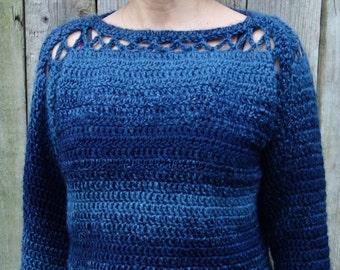 Crochet PATTERN - Blues Cropped Sweater/ Chunky  Modern Rustic Top/Shoulder Lace Short Jumper, Drop Shoulder Ombre Pullover