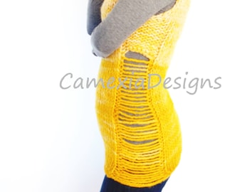 Knitting PATTERN- Ripped Sides Long Sweater, Rolled Collar Seamless Handknit Tunic, Turtleneck Sleeveless Jumper