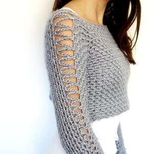 Sweater Crochet PATTERN - Alexia Cropped Sweater/ Chunky  Modern Rustic Top/Shoulder Lace Short Jumper