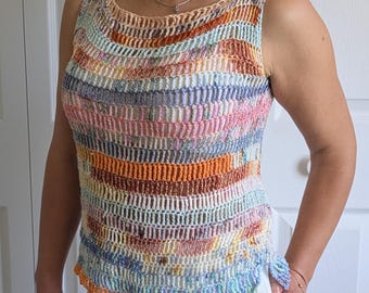 Crochet PATTERN- Scrappy Stripes Top, Sleeveless See-through  Blouse, Beach Summer Cover up