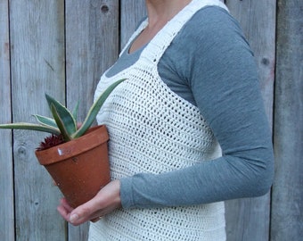 Crochet PATTERN - Agave Japanese Pinafore Apron/ Linen Minimalist Pocket Tunic/ Rustic Coverup/ Homestead Cross Back Outfit