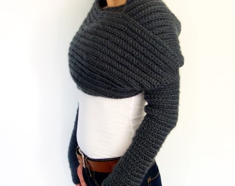 Crochet PATTERN - Twilight Wrap/Ribbed Cocoon Shrug/Modern Shoulders Cover-up/Convertible Scarf with Thumb Holes Sleeves