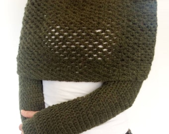 Crochet PATTERN - Wrap Around Thumb Holes Shrug/ Modern Chunky Shoulders Cover-up/Convertible Scarf with Sleeves