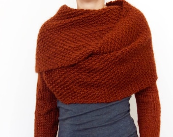 Knitting PATTERN - Rust - Wrap Around Sweater Scarf/ Criss-Cross Thumb Holes Shrug/ Chunky Shoulders Cover-up/ Scarf with Sleeves/ Printable