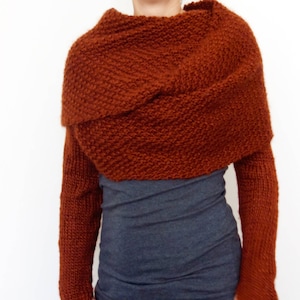 Knitting PATTERN - Rust - Wrap Around Sweater Scarf/ Criss-Cross Thumb Holes Shrug/ Chunky Shoulders Cover-up/ Scarf with Sleeves