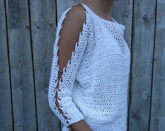 Sweater Crochet PATTERN - Laced Up Sleeves Top/ Modern Rustic Coverup/Open Shoulder Jumper/Open Sleeves Pullover