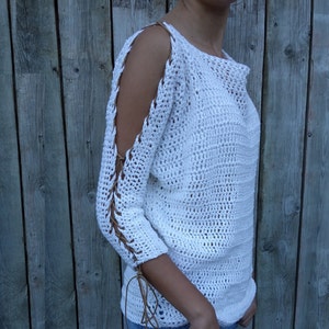 Sweater Crochet PATTERN - Laced Up Sleeves Top/ Modern Rustic Coverup/Open Shoulder Jumper/Open Sleeves Pullover