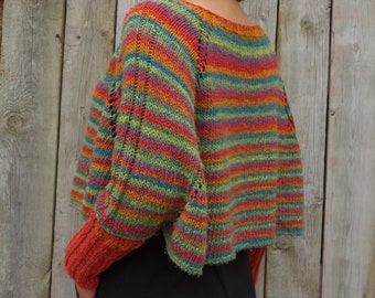 Knitting PATTERN - Crocosmia Swoncho/Rainbow Crop Knit Loose Sweater/ Striped Poncho/ Raglan Sleeves Pullover