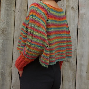 Knitting PATTERN - Crocosmia Swoncho/Rainbow Crop Knit Loose Sweater/ Striped Poncho/ Raglan Sleeves Pullover