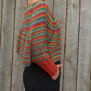 Knitting PATTERN Crocosmia Swoncho/Rainbow Crop Knit Loose Sweater/ Striped Poncho/ Raglan Sleeves Pullover image 3