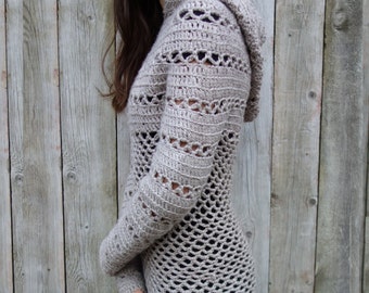 Crochet PATTERN - Hooded Long Sweater/ Chunky Lace Tunic/ Thumb Hole Sleeve Top