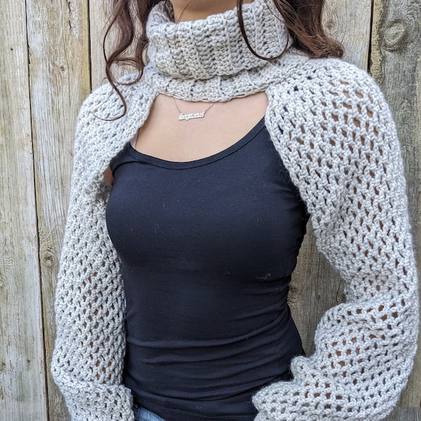 Crochet PATTERN - Just Sleeves Sweater/ Boho Turtle Neck Knit Shrug/ Over-Bust Short Sweater/No Body Jumper/ Mock Pullover