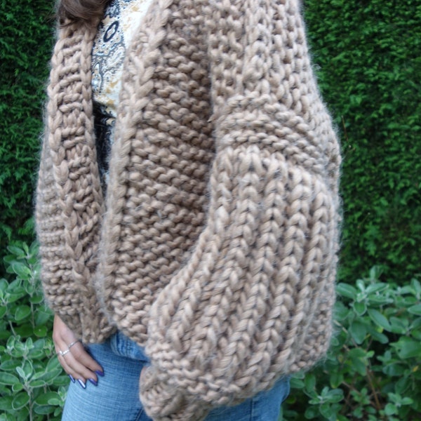 Knitting PATTERN- Bishop Sleeve Jacket/Bulky Bomber Cardigan/ Hand Knit Chunky Balloon Sleeve Coat