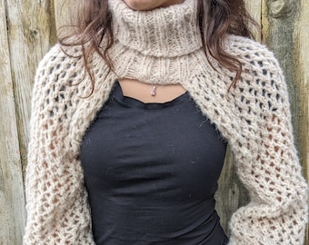 Knitting PATTERN - Sleeves Sweater/ Boho Turtle Neck Knit Shrug/ Over-Bust Short Sweater/No Body Jumper/ Mock Pullover