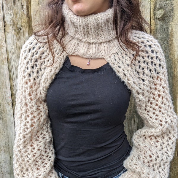 Knitting PATTERN - Sleeves Sweater/ Boho Turtle Neck Knit Shrug/ Over-Bust Short Sweater/No Body Jumper/ Mock Pullover