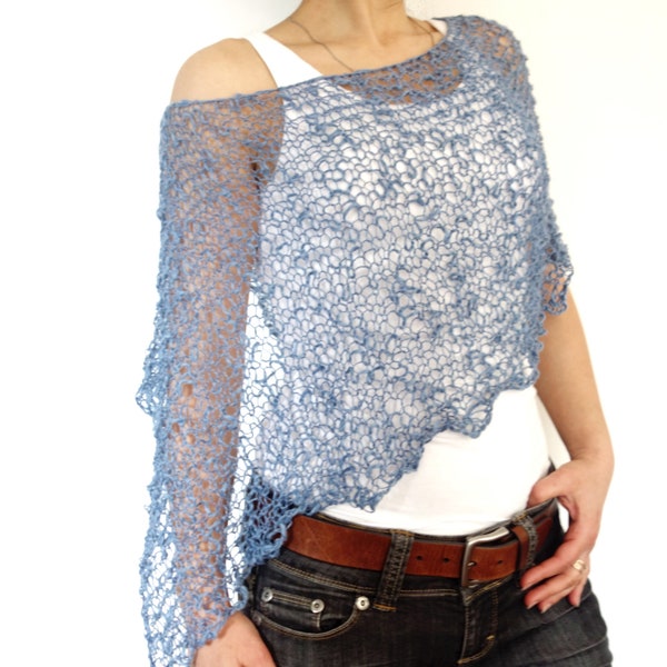 Knitting PATTERN- Aqua Asymmetrical Poncho, See-through Lace Shoulders Coverup/Loose Knit Capelet/Bridal Wrap