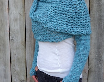 MOTIF tricot - haussement d&#39;épaules lagon / écharpe convertible avec manches / haussement d&#39;épaules enroulé autour des trous pour les pouces / cache-épaules épais moderne