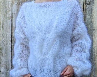 Knitting PATTERN - Cloud Cables Sweater/ Loose Knit Mohair Pullover/ Oversized Puffy Sleeves Jumper