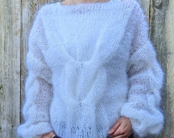 PATRÓN de tejido: suéter de cables en forma de nube, jersey de mohair de punto suelto y jersey de mangas abullonadas de gran tamaño