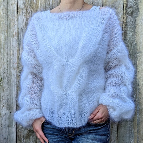 Knitting PATTERN - Cloud Cables Sweater/ Loose Knit Mohair Pullover/ Oversized Puffy Sleeves Jumper